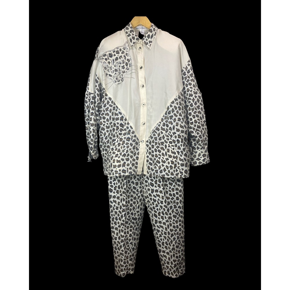 Vintage Roberta Roncallo 100% Silk Leopard Pant Set Embroidered Old‎ Money M/10